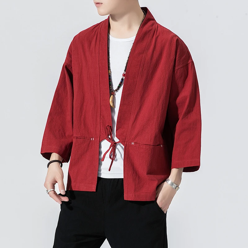 Men's Japanese Kimono Cardigan Loose Cotton Linen 3/4 Sleeve Open Front Casual Summer Shirt Jackets Harajuku Streewear Clothes