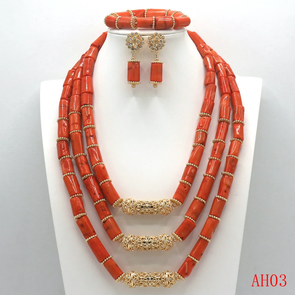 Luxury Original Orange Coral Bead Necklace Nigerian Bride Wedding Jewelry Set