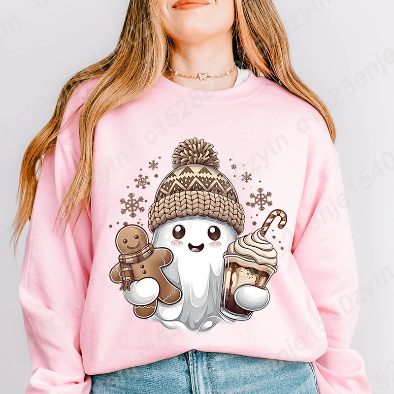 Christmas Ghost Gingerbread Coffee Pullovers Autumn Winter Creative Personalized Tops Ladies Casual Sweatshirts O Neck Pullovers