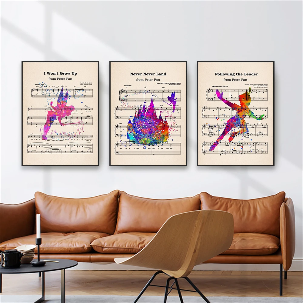 Disney Peter Pan Musical Poster Music Sheet Art Canvas Painting Cartoon Theme Tinker Bell Print Home Kids Room Nursery Decor