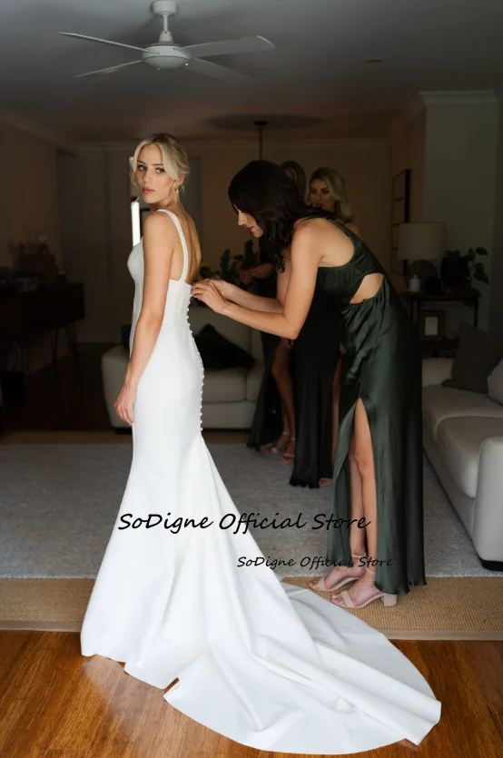 SoDigne Gaun Pengantin Satin Sederhana Putri Duyung Gaun Pengantin Tanpa Lengan Tanpa Tali Gaun Pengantin Pantai 2025 Jubah De Mariee Disesuaikan