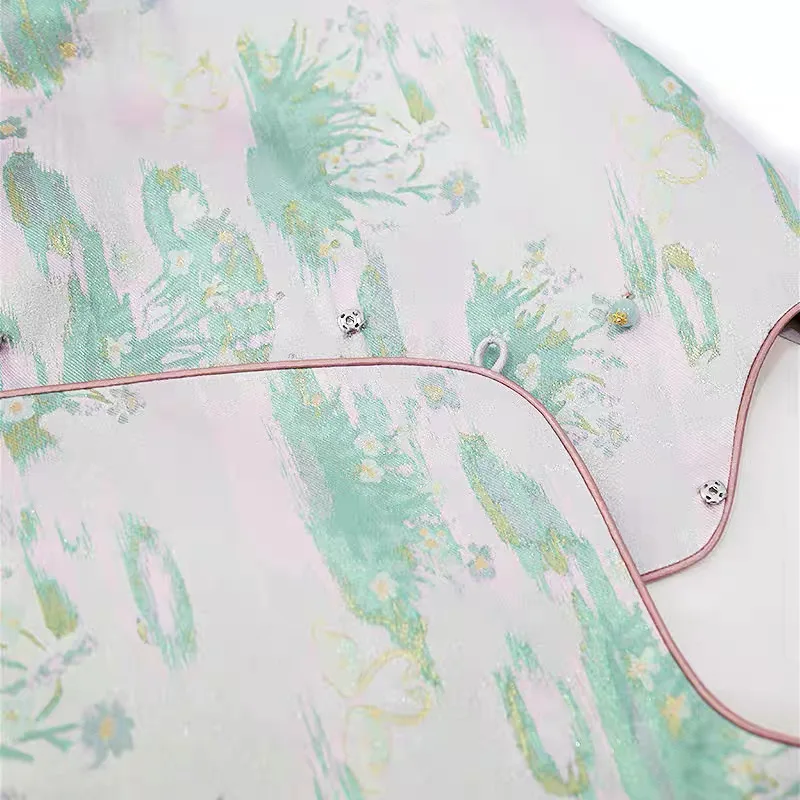 BirdTree-Song Brocade Silk Elegant Coat, O Neck Long Sleeve Lace-up, Women Retro Commute Loose Cardigan Coat, 2025 Fall C5O763CC