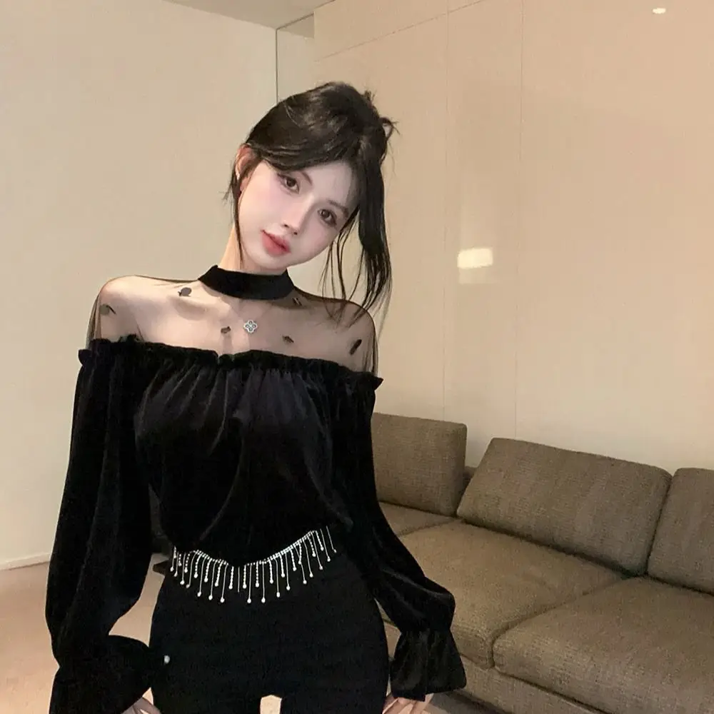 Korejpaa Stand Collar Women T Shirt Sexy Mesh Sequin Velvet Base Shirt Top 2025 Spring Autumn French Style Slimming Clothes