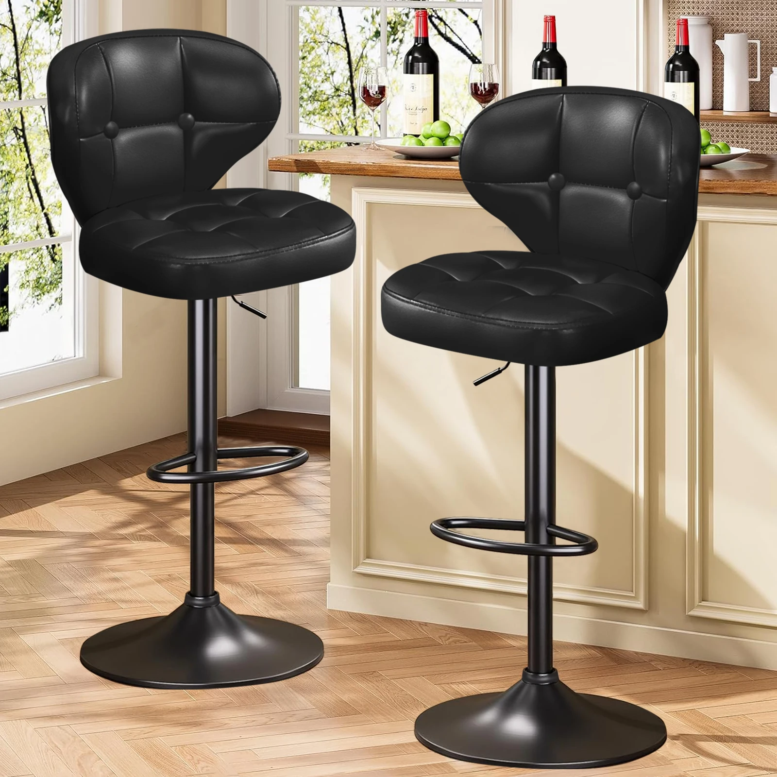 Bar Stools Set of 2, Adjustable Swivel Counter Height Chairs with Backrest and Footrest, Faux Leather Bar Chairs for Kitchen
