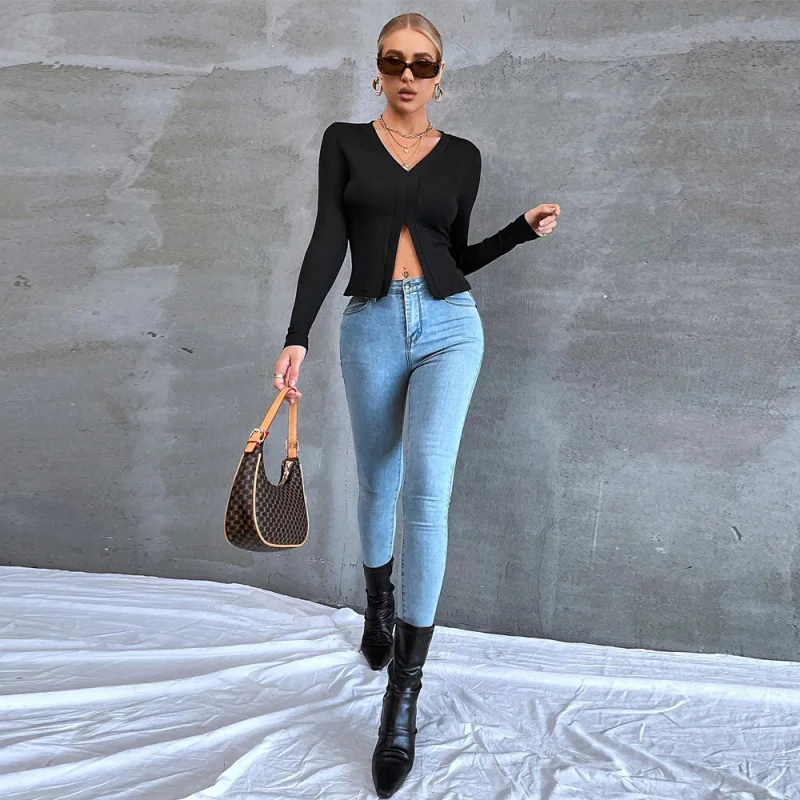 T-shirt da donna Ele Long Sve Crew Ne V-Ne Split ombelico Baring Commute Faion Top slim fit transfrontaliero