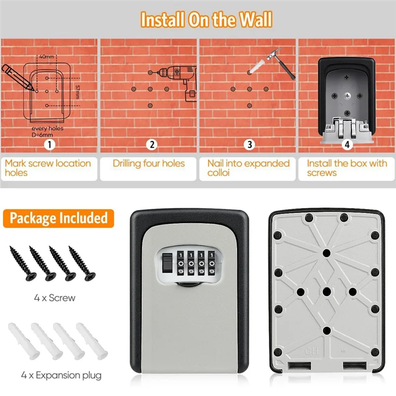 A08F-Key Lock Box Wall Mounted Grey And Black 2 Pack