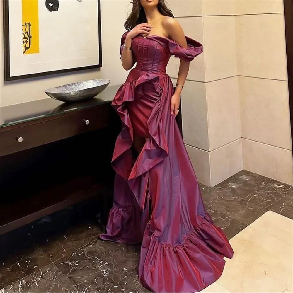 

Off the Shoulder Pleat Evening Dresses High Slit Ruched A-line Backless Long Prom Gown Floor Length Party Dress فساتين السهرة