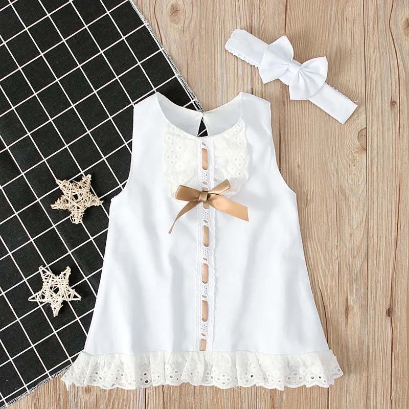 Summer Fashion Baby Newborn Sleeveless Solid Color O-neck Dress Baby Girl Birthday Dress White Dress Princess Dress with Bowtie