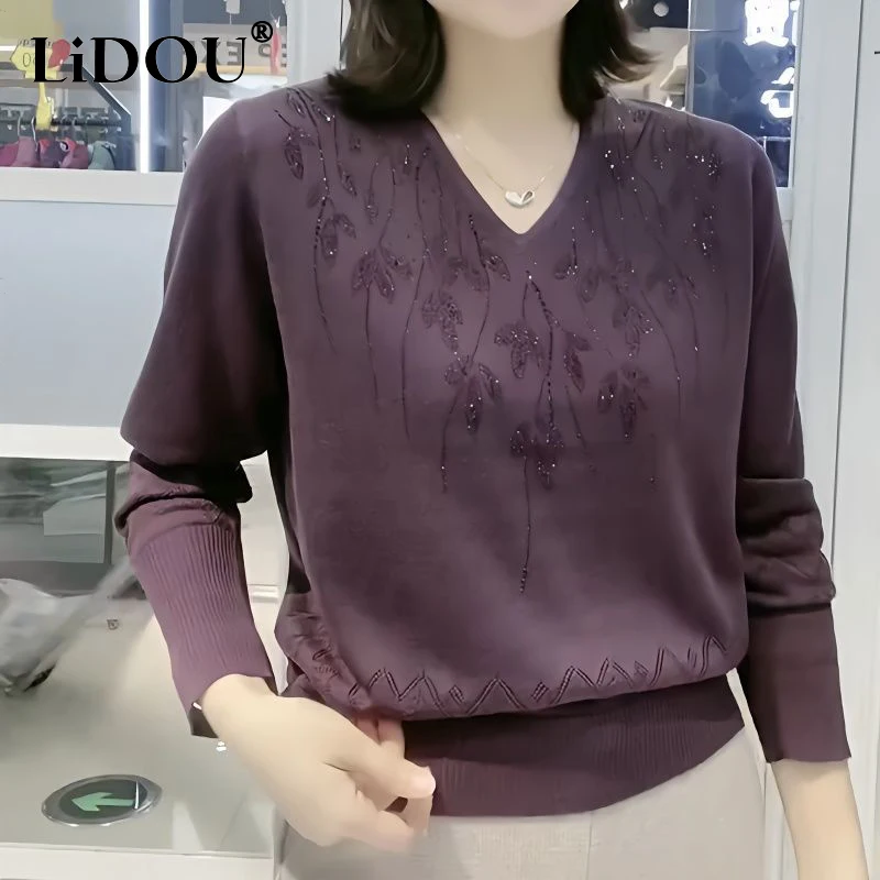 Autumn Winter New Oversized V-neck Diamonds Casual Fashion Sweaters Female Jumper Top Ladies Knitting Pullover Women\'s Clothing