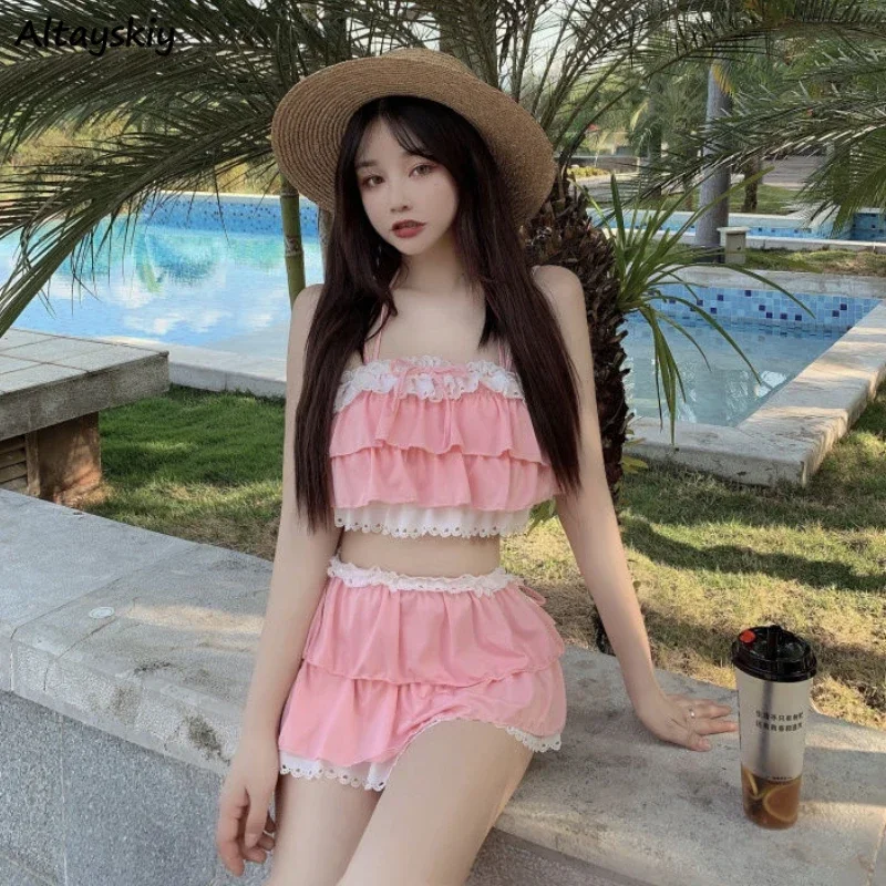 Bikini Sets Women Kawaii Girlish Leisure Beachwear Patchwork Sexy Ruffles Japan Style Summer Students Young Stylish Chic Mujer