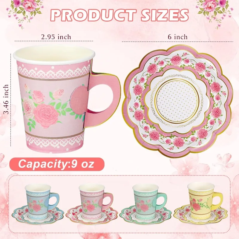 200 Pcs Floral Paper Tea Cups and Saucers Set, Severs 100 Disposable Paper Tea Party Supplies 9 oz with Handle and Saucer