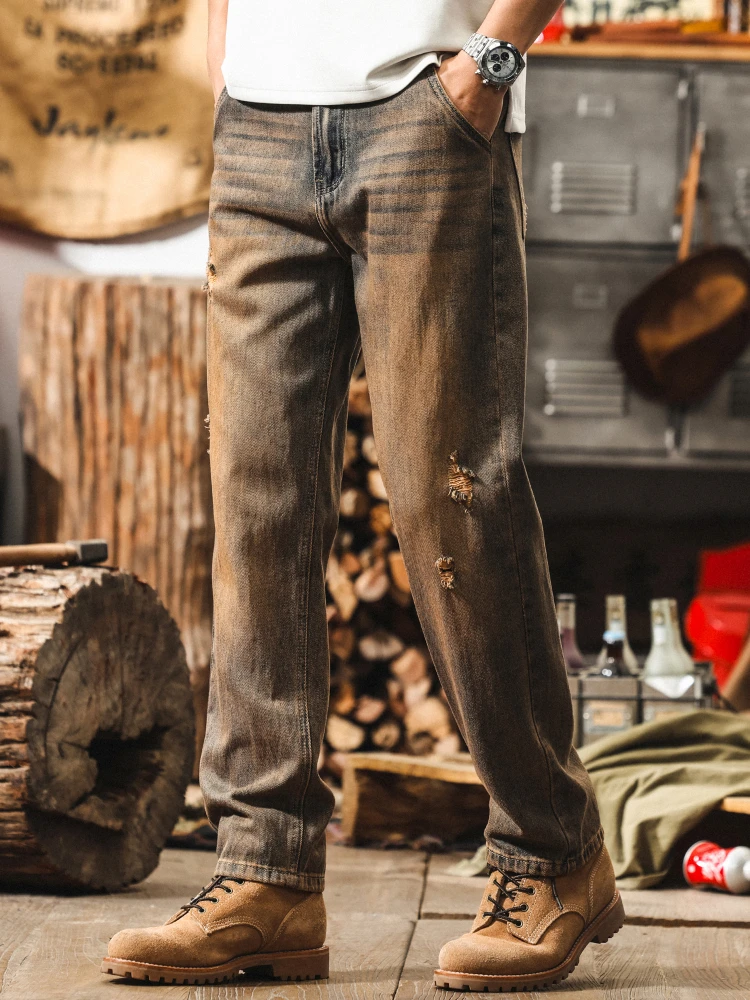 

Мужские джинсы свободного кроя в стиле рип-репир, винтажные прямые джинсы в американском стиле, дышащие, для молодежи, весна-осень