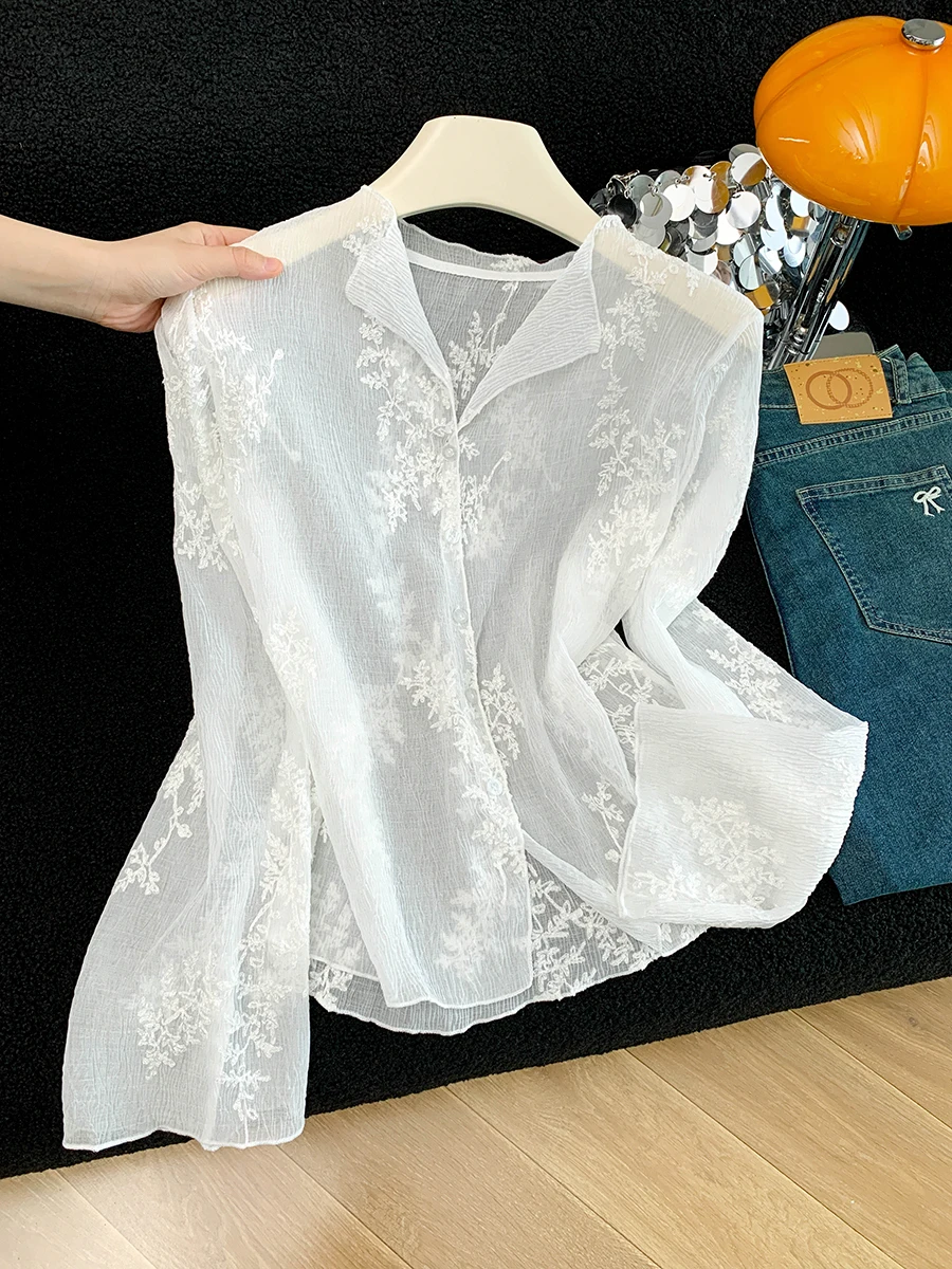 

Korean Style Embroidered Lace Shirt Women's Summer Long Sleeve Thin Commute White Top Sun Protection Open Cardigan