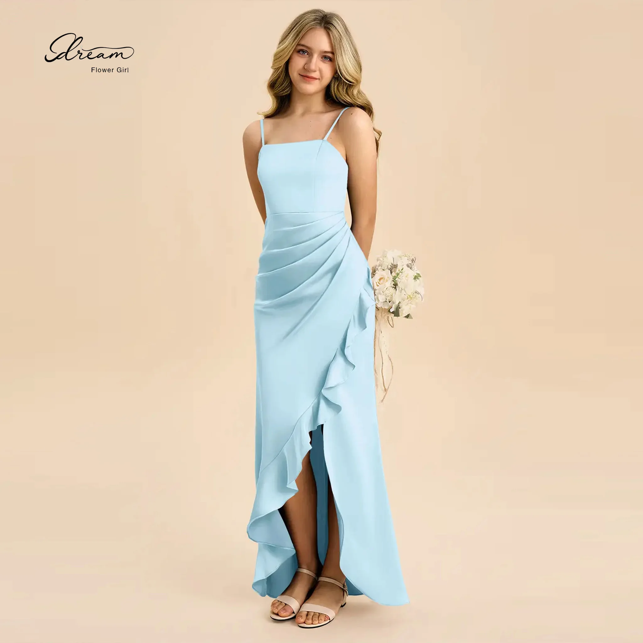 

Sky Blue Satin Flower Girl Dress Spaghetti Strap Slit Formal Evening Gown Ruffle Hem Teens Bridesmaid Party Prom Pageant