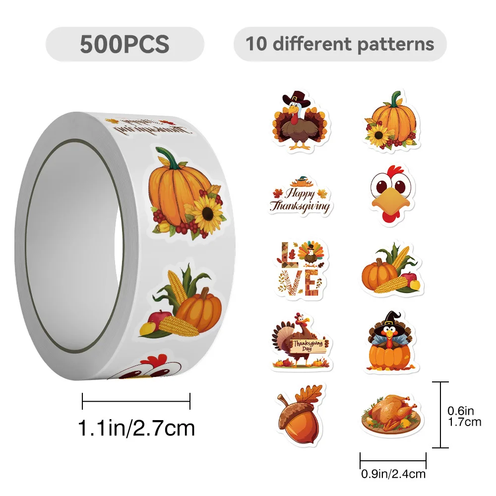 500Pcs/Roll Cartoon Thanksgiving Day Turkey Graffiti Stickers Phone Computer Notebook DIY Decoration Adhesive Tape Sticker Gift