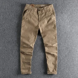 Spring New American Retro Twill Woven Casual Pants Men's Fashion Pure Cotton Washed Old Straight Business Ankle-tied Trousers