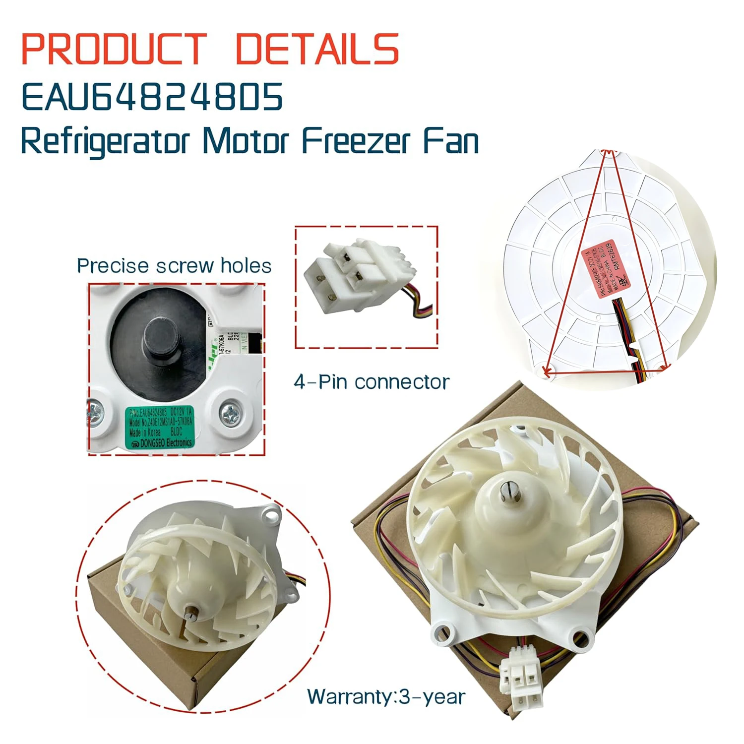 EAU64824805 Refrigerator Evaporator Fan Motor for L G Refrigerator DC12V 1A Refrigerator Motor Freezer Fan Z40E12MS1A0-57K