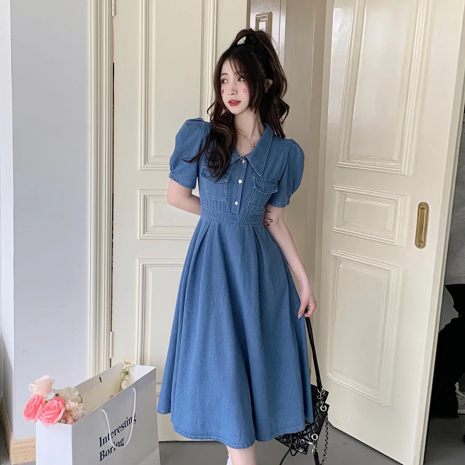 

Women Vintage Denim Blue Dress 2022 Plus Size Summer Short Sleeve Elegant Party Midi Long Dresses Female Fashion Casual Clothing