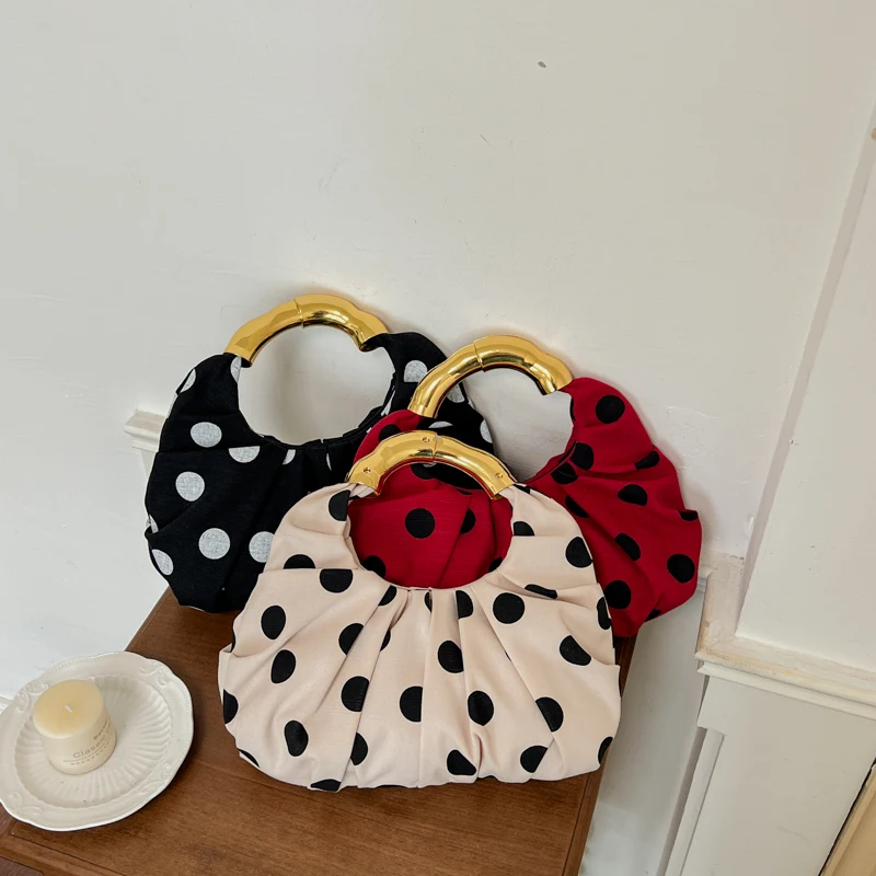 Fashion Pleated Handbag Gold Handle Evening Clutch Bag Ladies Korean Style Sweet polka dot Bag Red Party Purse Fabric Sac A Main