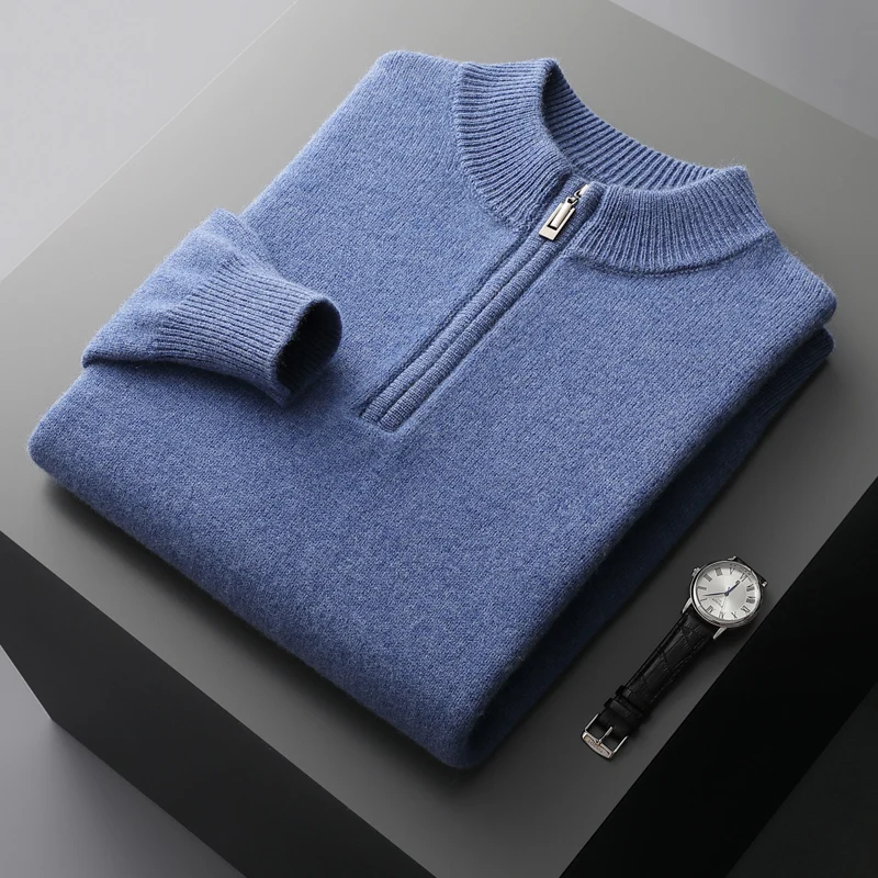 Men's 100% pure wool solid color semi-high neck zipper business leisure autumn and winter new knitted cashmere sweater