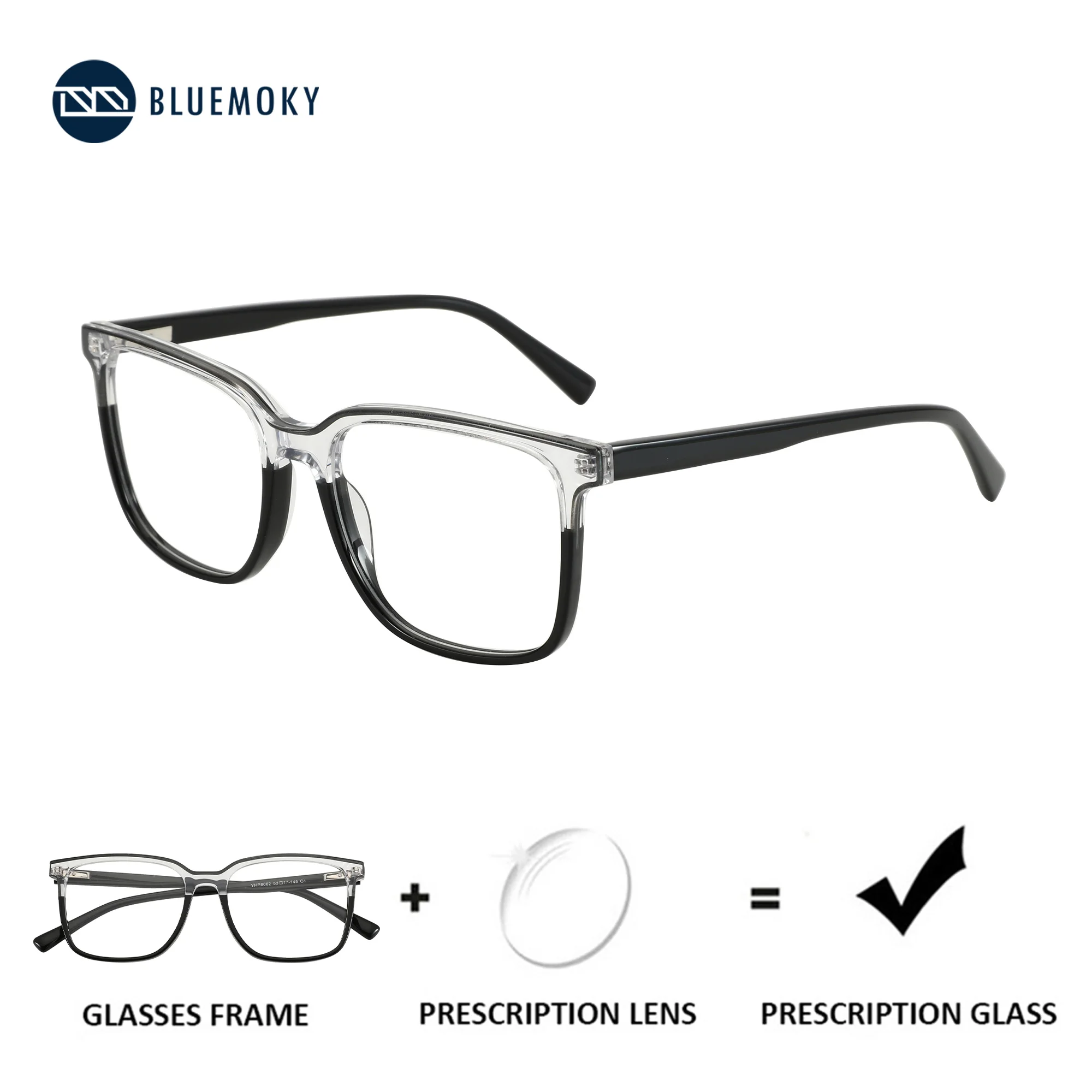 BLUEMOKY  Acetate Prescription Eyeglasses Men's Full-Rim Square Glasses Myopia And Hyperopia Progressive Anti-Blue Light YHP8062