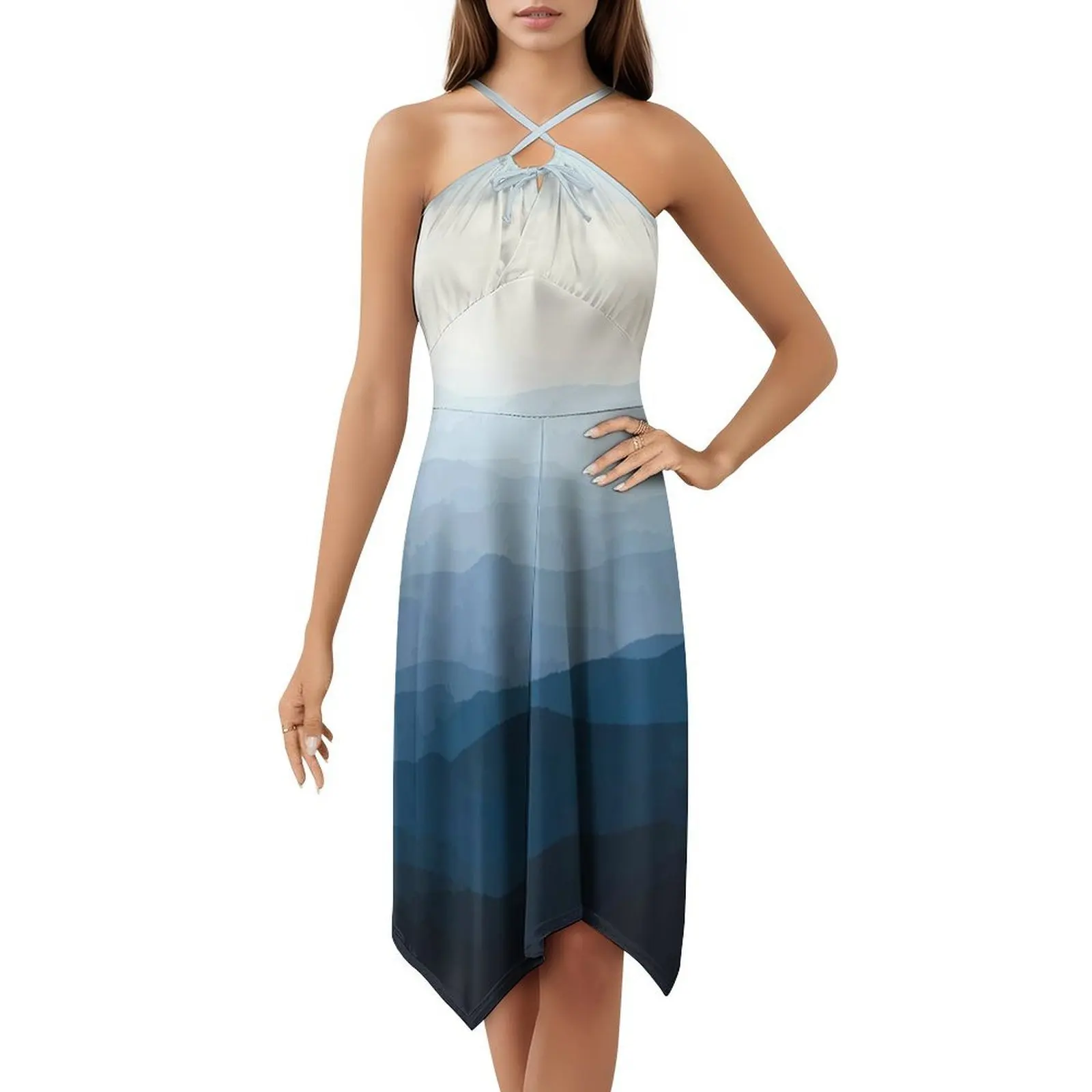 فستان Blue Misty Mountains على الطراز الكوري للنساء، فستان كاجوال أنيق للحفلات أو الارتداء اليومي، جبال زرقاء، طبيعة المناظر الطبيعية #5
