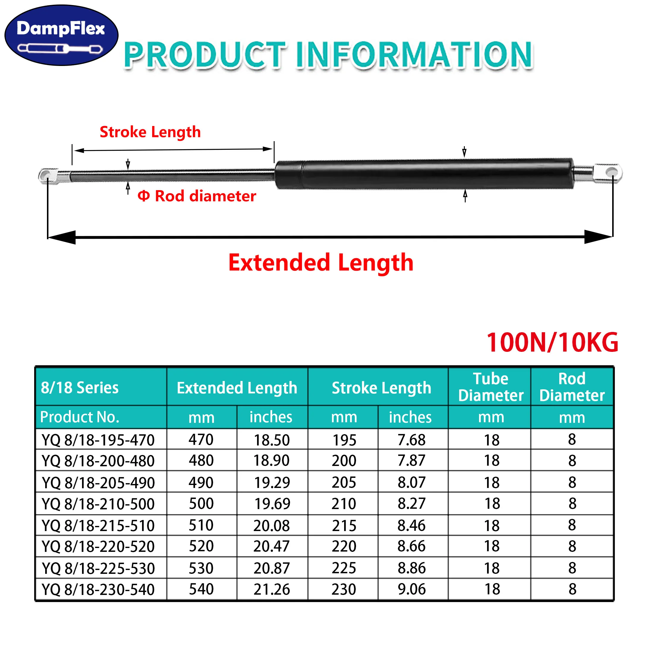 1PC 100N 470-540mm Universal Gas Struts Eyelets Shock Absorbers Lift Supports Floor Hatch RV Doors Bed Lid Support Truck Canopy