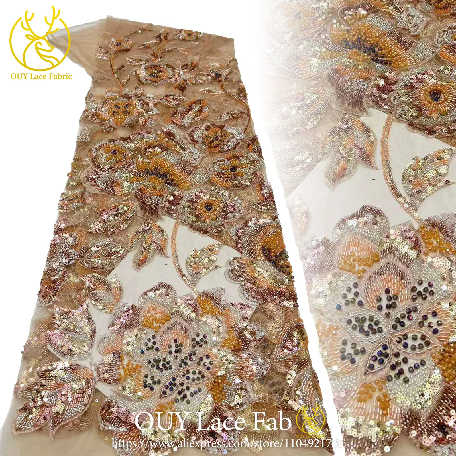 

High End Dress African Handmade Bead Lace Fabric 2026 Nigeria French Sequin Embroidery Lace Fabric Wedding Dress Sewing Material