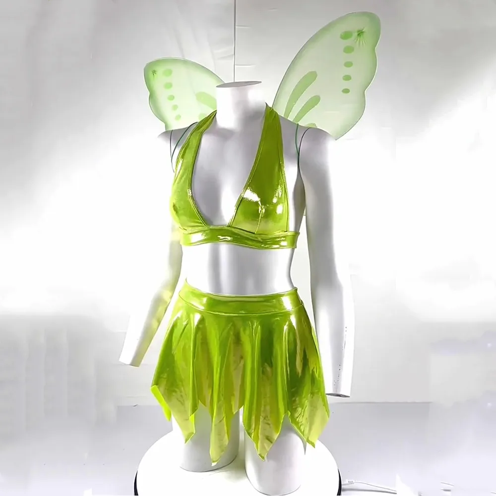 Women\'s Fairy Tinker Bell Costume Cosplay Forest Green Angel Elf Mini Fancy Dress with Butterfly Wings Halloween Party Costumes