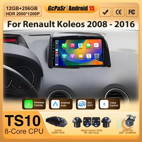 Para Renault Koleos 2008 - 2016 Carplay inalámbrico Android Auto Multimedia estéreo Radio de coche reproductor de vídeo navegación GPS BT NO 2din