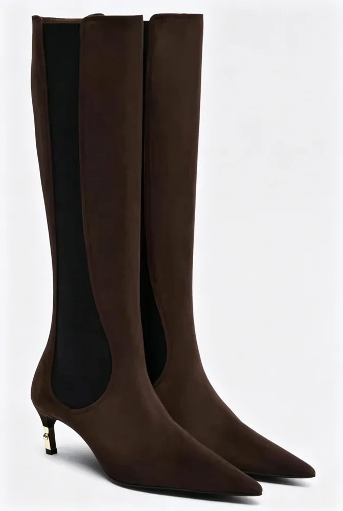 2026 New Low Heel Knee High Boots with Pointed Kitten Heels and Elastic Fabric Autumn and Winter Fashionable Mid Length Boots