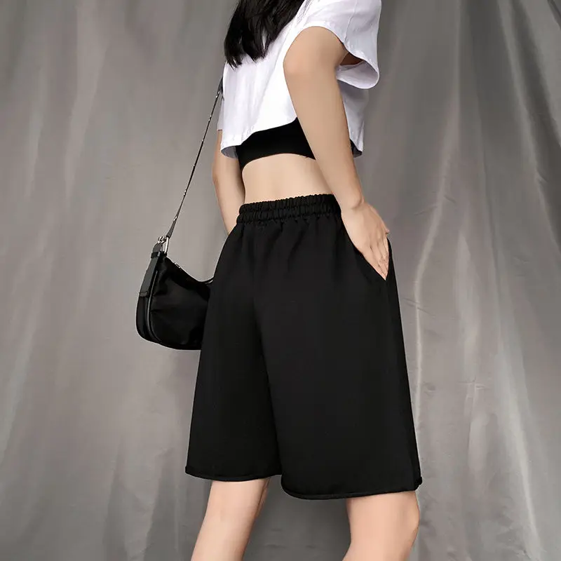 Calções femininos na altura do joelho streetwear lazer sólido cordão solto verão novo unisex friso estilo japonês chique na moda ulzzang