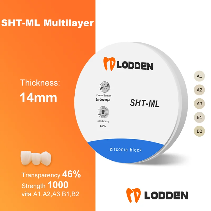 LODDEN Dental Lab SHT-ML Multilayer Zirconia Block 98mm Transparency 46% Strength 1000 for dental CAD CAM milling machine