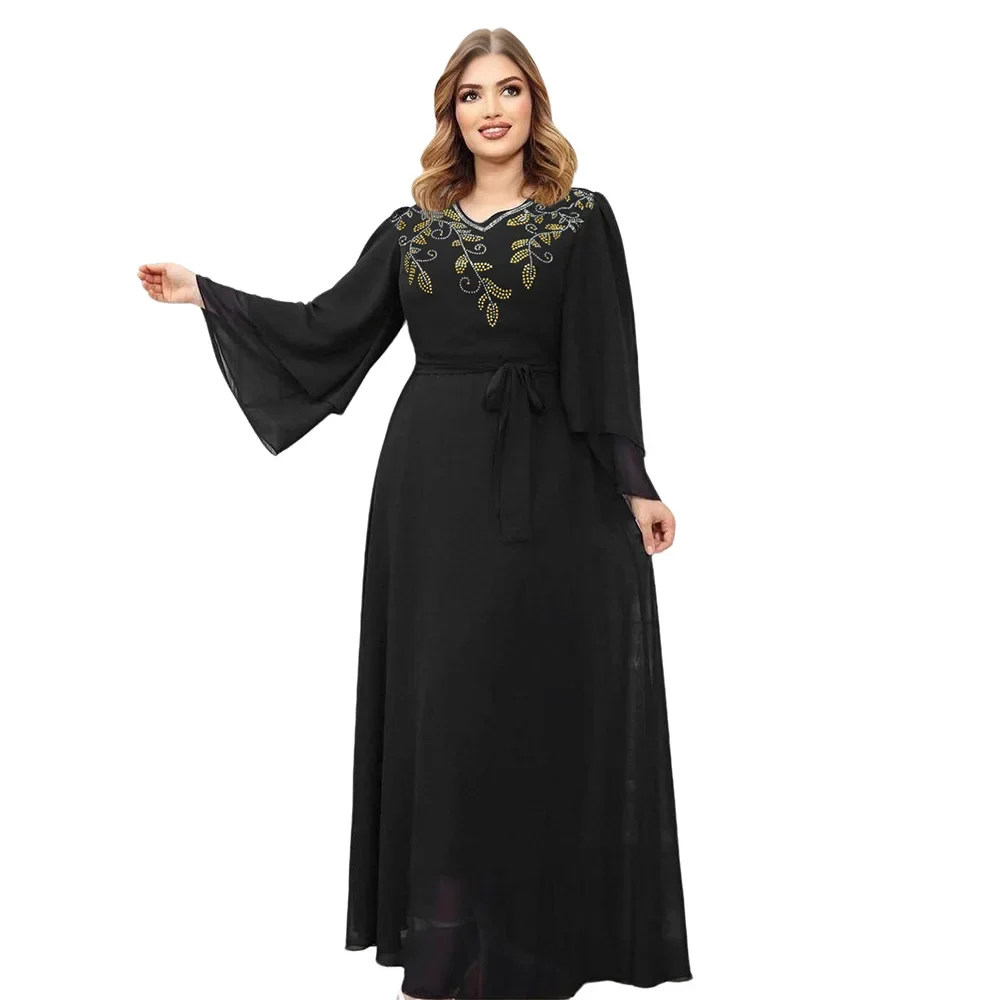 

Party Clothing Robe Fashion Hot Diamond Muslim Women Dubai Arab Middle East Abaya with Belt