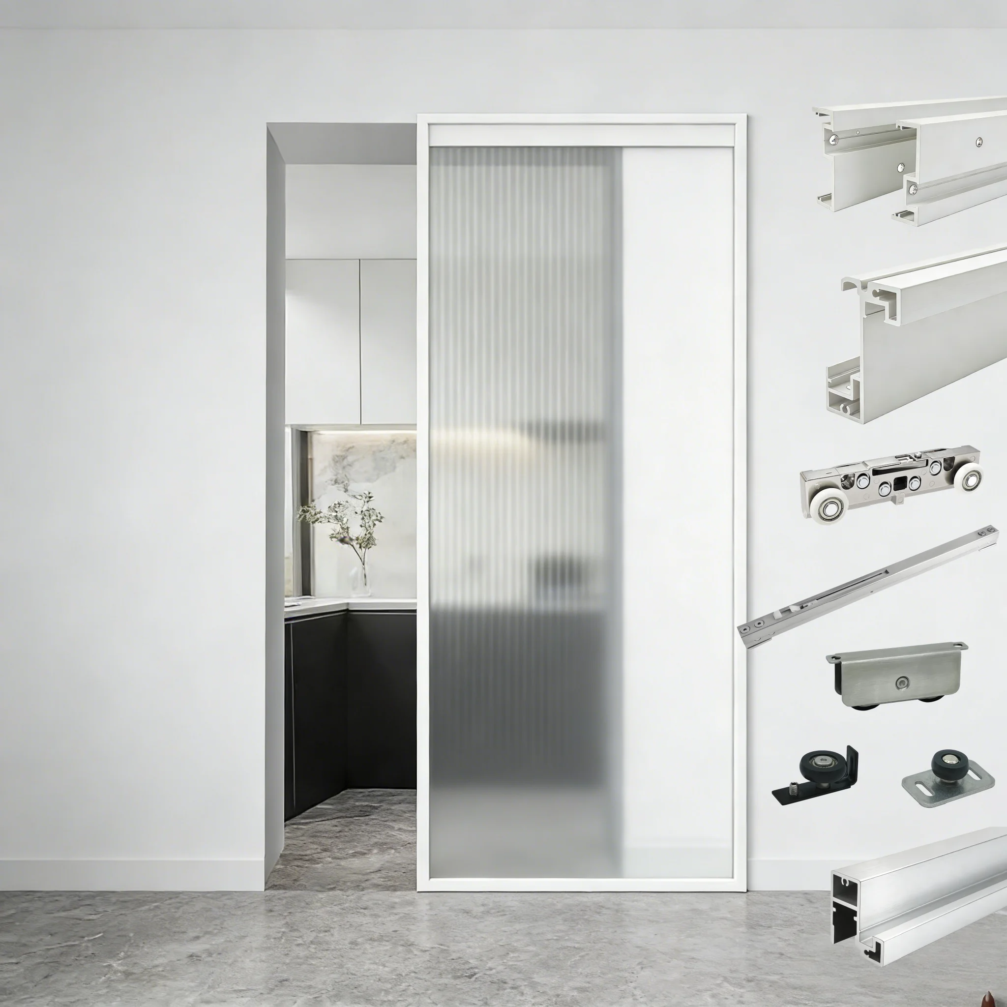 9ce Trackless Sliding Glass Door Hardware With White Frames Invisible Ghost Door for Home Interior Kitchen Partition Door System