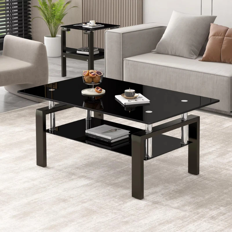 Tempered black glass  2-layer coffee table Tempered black glass