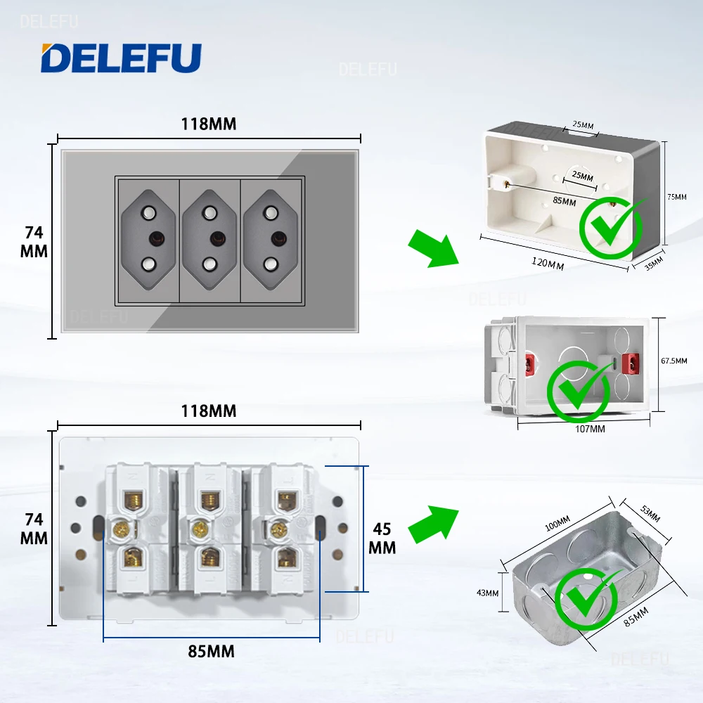 Delefu Grey Gehard Glaspaneel Tpye-C Usb Brazilil Standaard Wandcontactdoos Pakket, 3 Bende Wandschakelaar, Meer Kortingen.