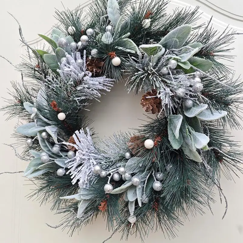 Pine Cone Christmas Wreath Artificial Snowy Pine Needle Winter Wreaths Seasonal Home Decor Christmas Front Door Wreath Hanger