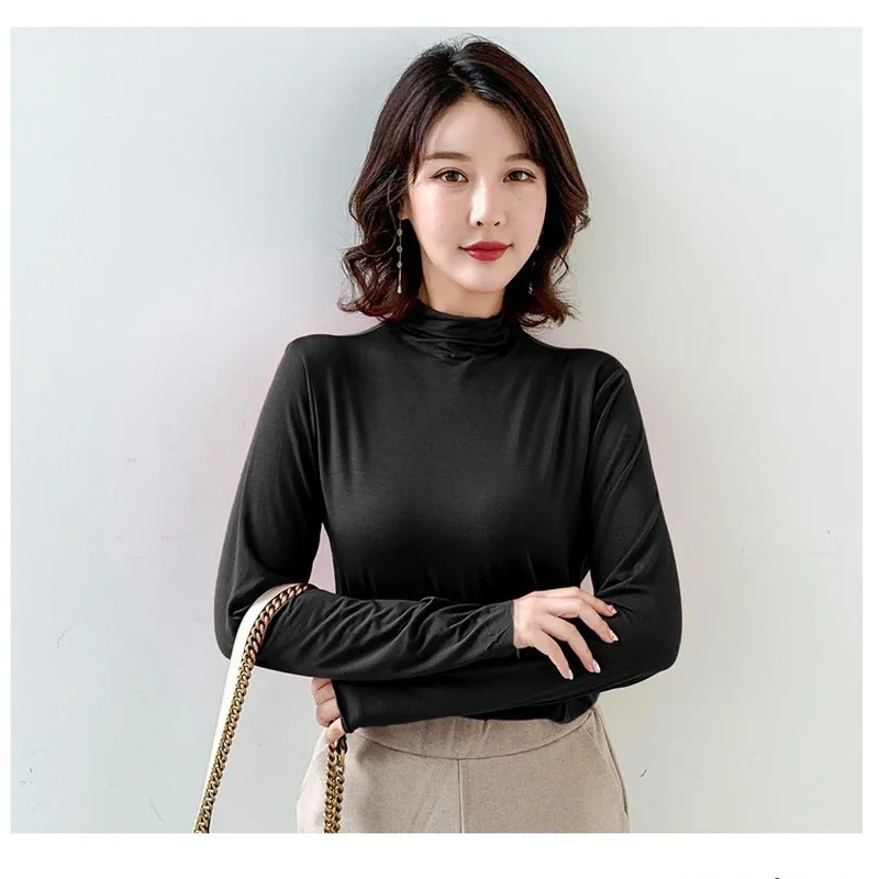 Autumn Winter Half Turtleneck T Shirt Women Korean Style Slim Fit Long Sleeve Solid Color Inner Base Layer Nine Colors Face Ma