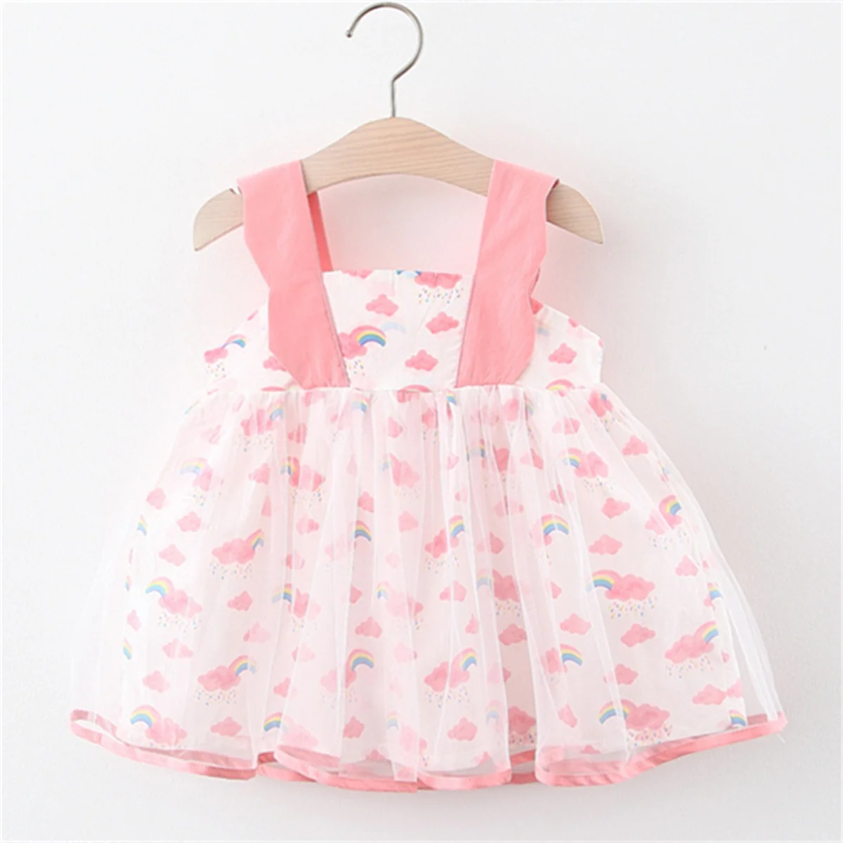 Baby Girl Summer Dress Sweet Rainbow Cloud Print Mesh Sling Princess Dress Suitable for 0-3 Years Old