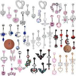 5PCS Pink Crystal Belly Button Rings Set Purple Heart Navel Piercing Bulk Green Flower Belly Rings Packs Piercing Ombligo Lots