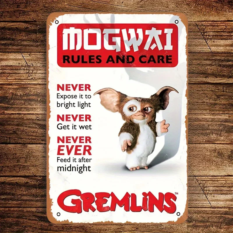 Plaque décorative murale vintage « Les règles des Gremlins Mogwai » – Plaque en fer et en étain résistante à la décoloration, protégée contre les rayons UV, style rétro, pré-percée pour une fixation facile.