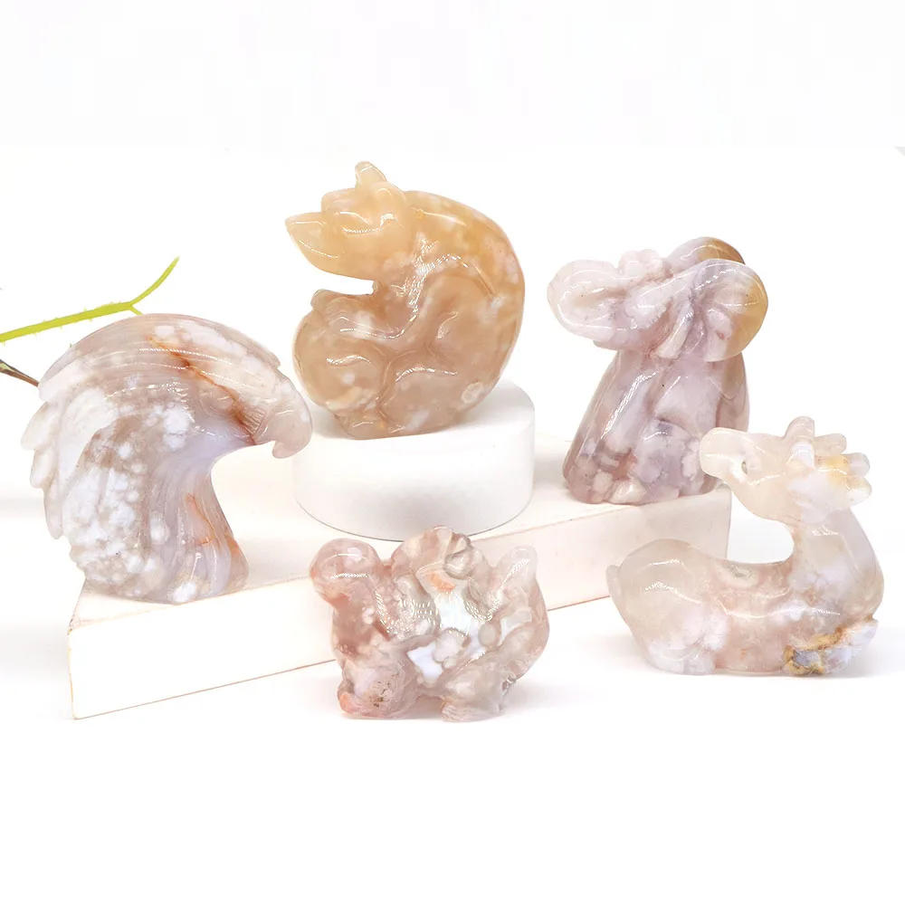 Eagle Head Elephant Bear Dinosaur Deer Statue Natural Blossom Agate And Moss Agate Healing Stone Crystal Carving Figurine Crafts