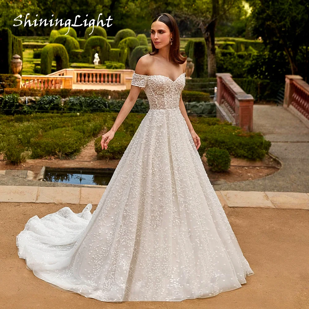 

ShiningLight Off Shoulder A-Line Wedding Dresses Sweetheart Court Train Luxurious Appliques Corset Bridal Gown Customized