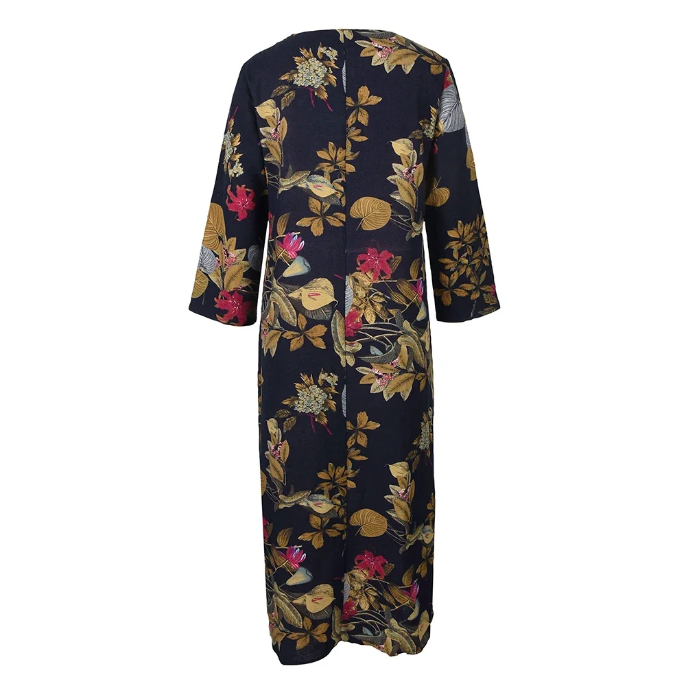 Robe longue en coton et lin pour femme, pull décontracté, jupe imprimée, robe éducative féminine, automne, 2024