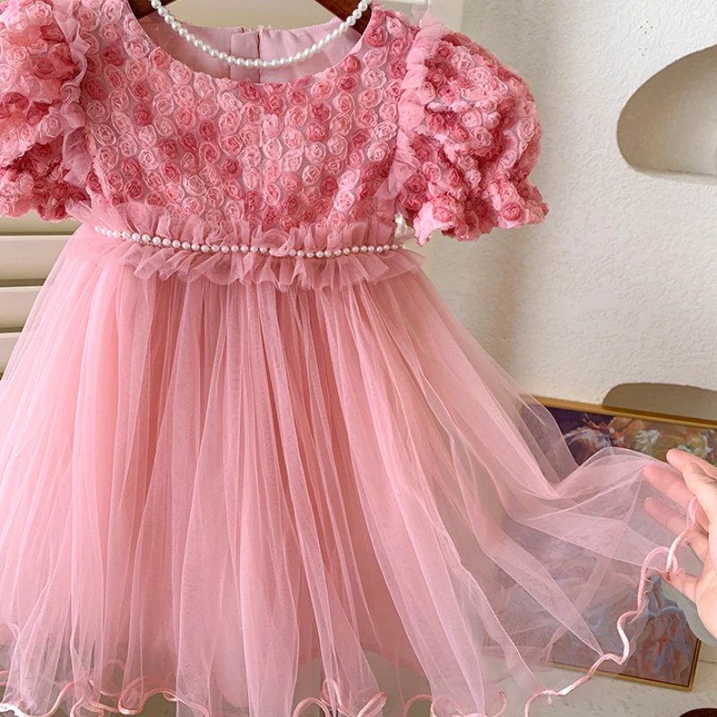 HoneyCherry New Girl\'s Summer Casual Dress with 3D Rose Flower Design and Cute Mesh Princess Dress