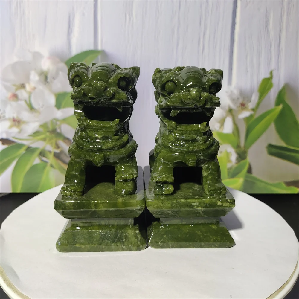 A Pair Natural Stone Jade Lion Statues Feng Shui Reiki Healing Home Decoration