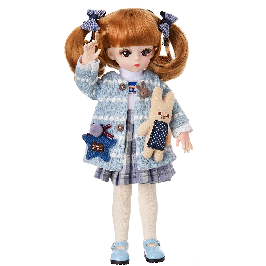 

30cm Blue Sweater Ponytail Cute Girl Dolls Makeup Face Bjd Doll White Skin Kawaii BJD DIY Toys for Girls Casual Big Eyes Sweet