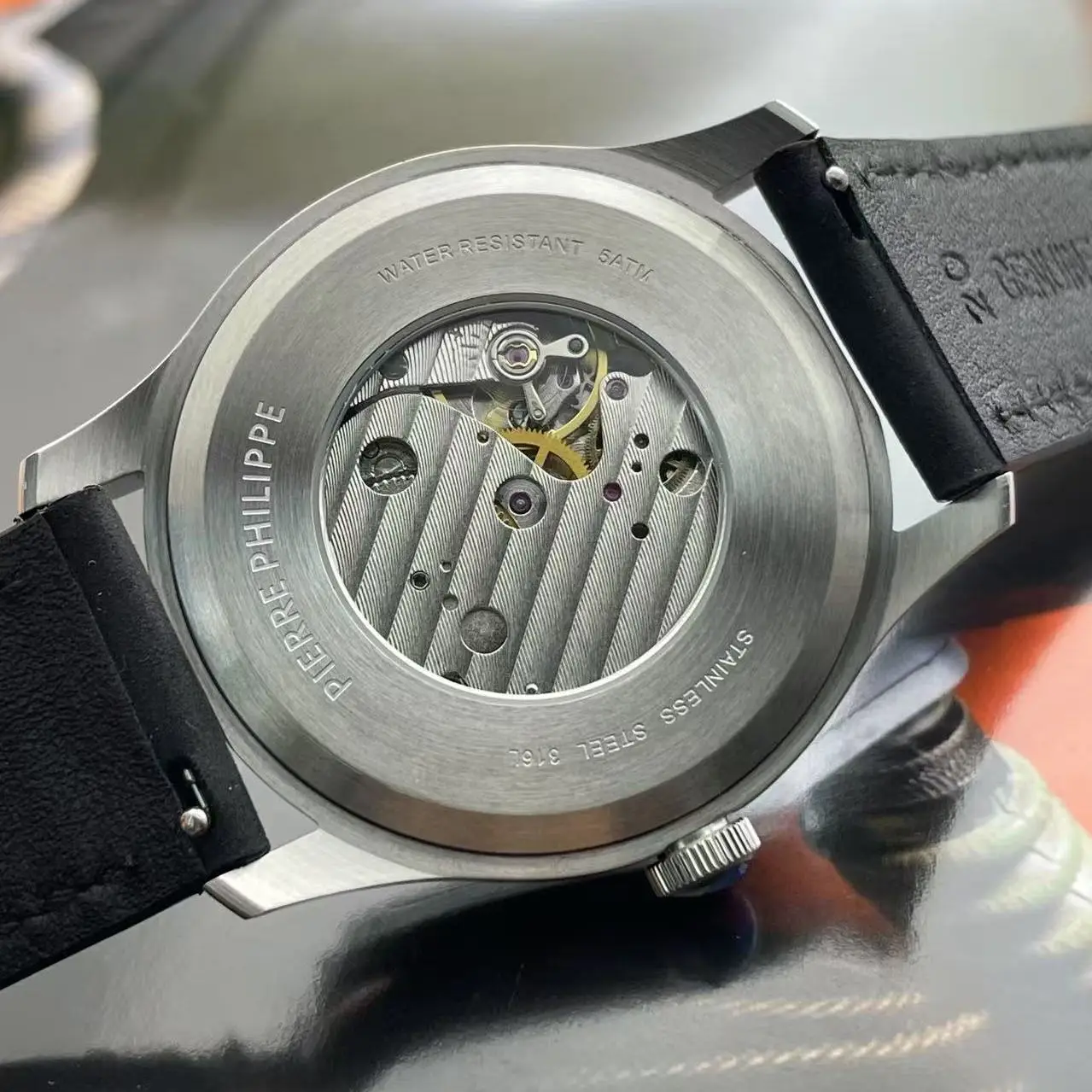 High-end men's 38MM watch black enamel dial ST17 manual mechanical watch leather waterproof view 6