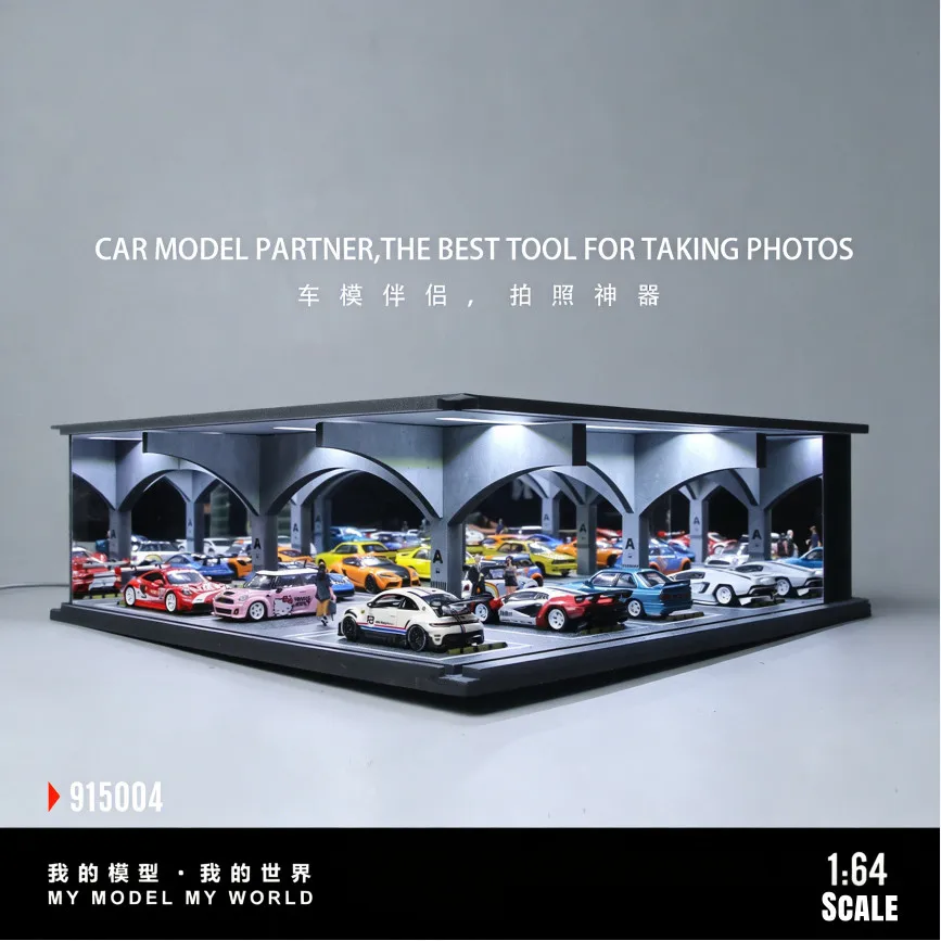 Diorama 1/64 Die-cast Car Garage Scene Model LED Lighting City Street Parking Lot Building Model Scene Display Case